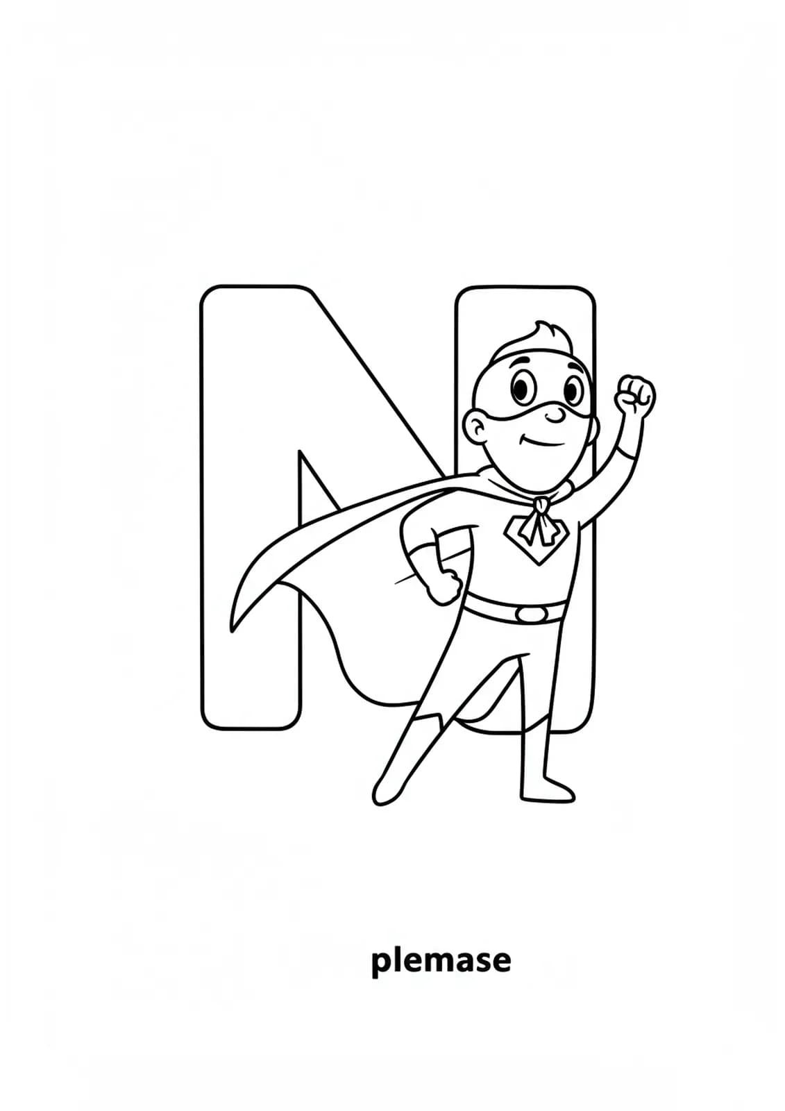 Large letter N with a smiling superhero character in a cape striking a pose.