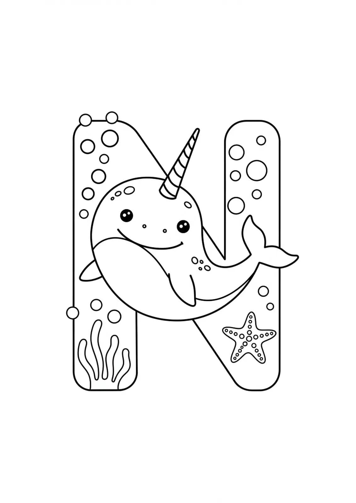 Large letter N with a smiling narwhal, bubbles, and starfish, medium detail for preschoolers.