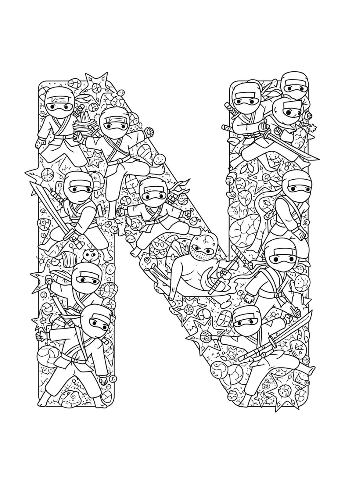 Dynamic letter N surrounded by detailed ninjas, ninja stars, and martial arts action patterns for coloring