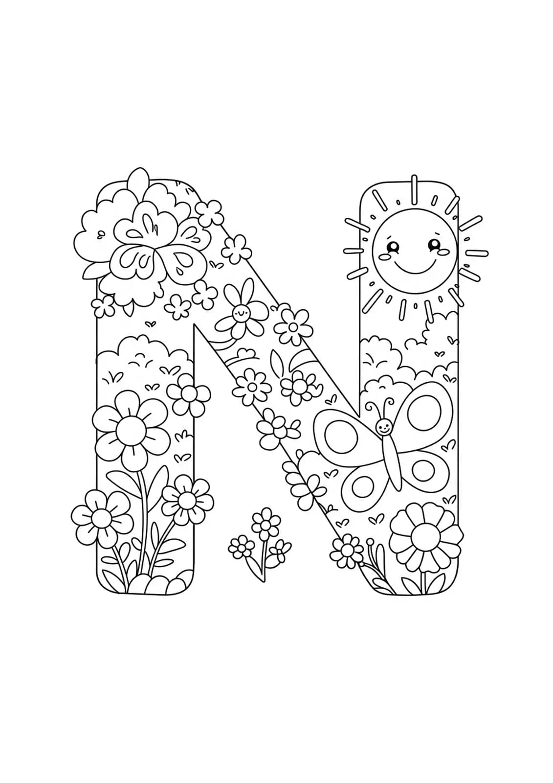 Large letter N surrounded by simple flowers, a butterfly, and a smiling sun on a grassy patch.
