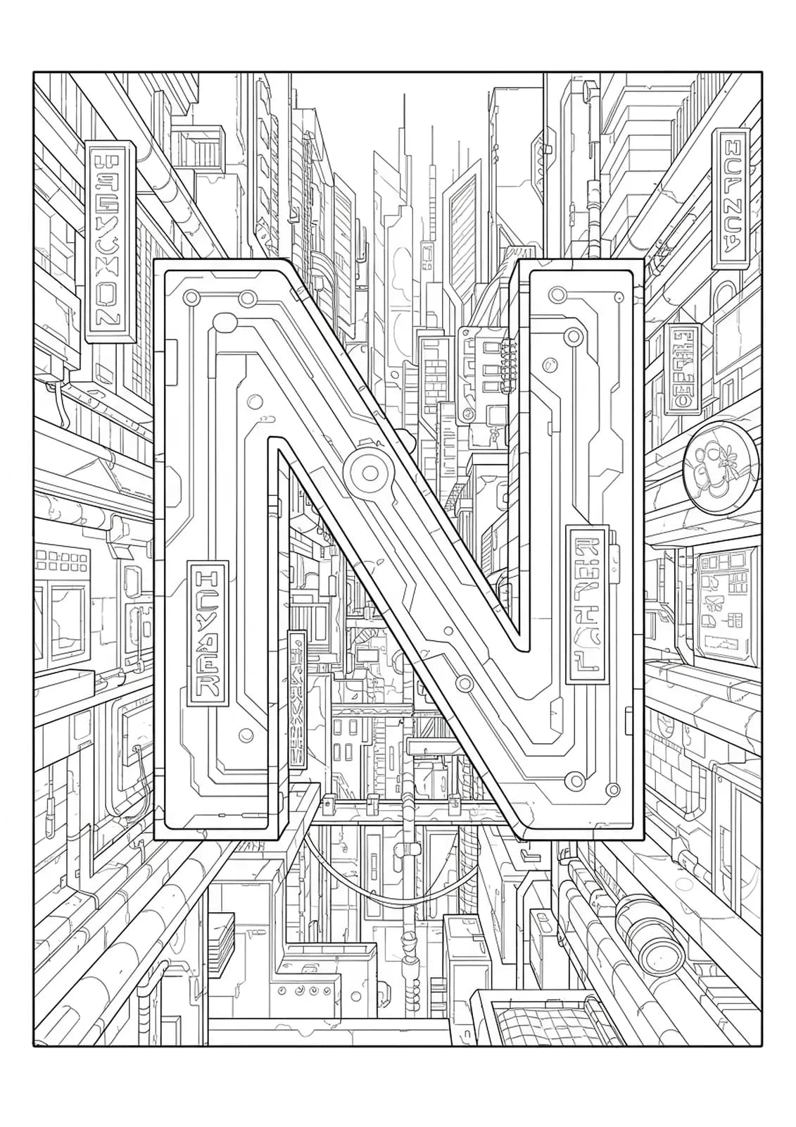 Letter N integrated into a complex cyberpunk cityscape with neon signs, skyscrapers, and digital patterns.