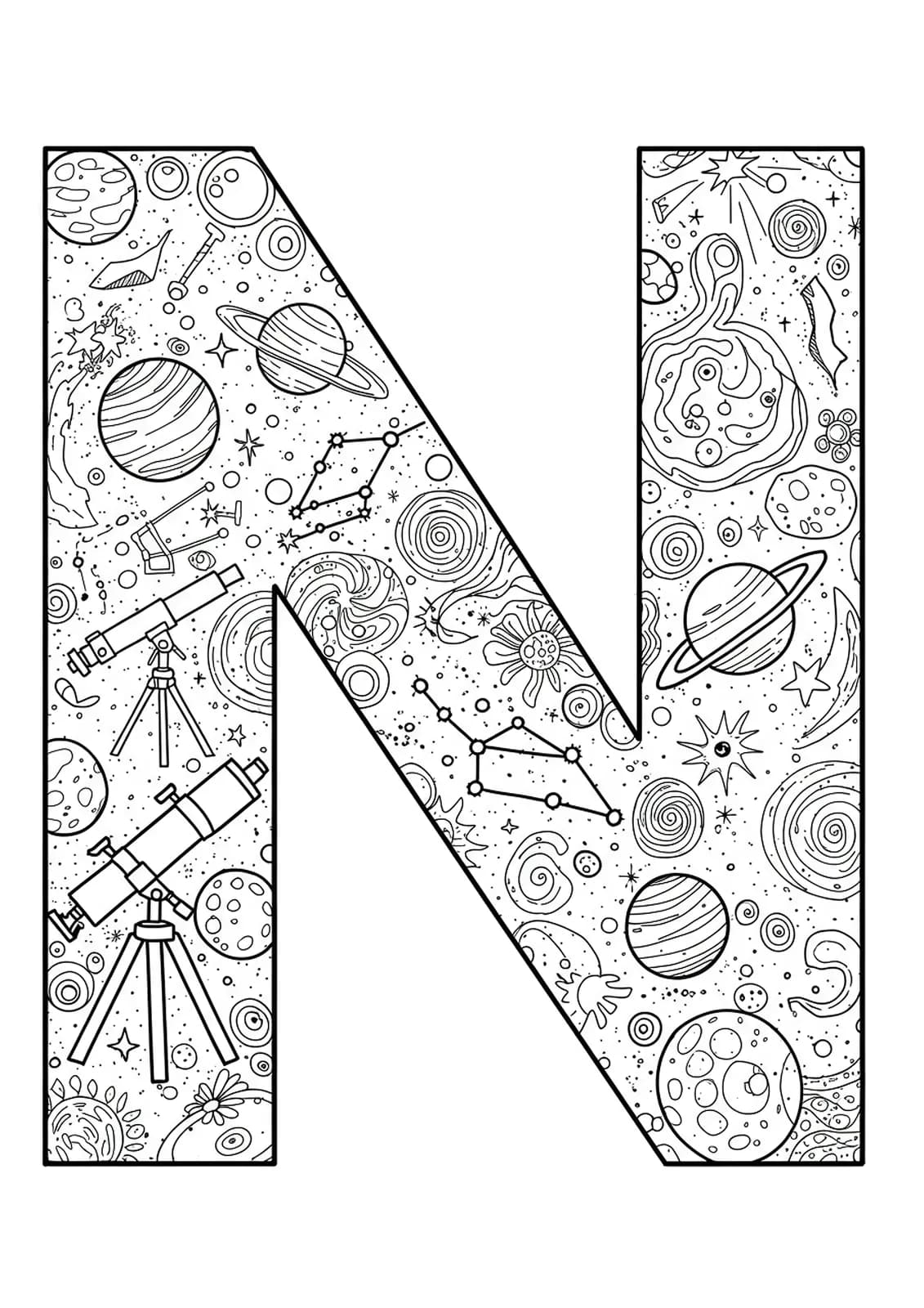 Intricate letter N surrounded by constellations, telescopes, planets, and stars for coloring