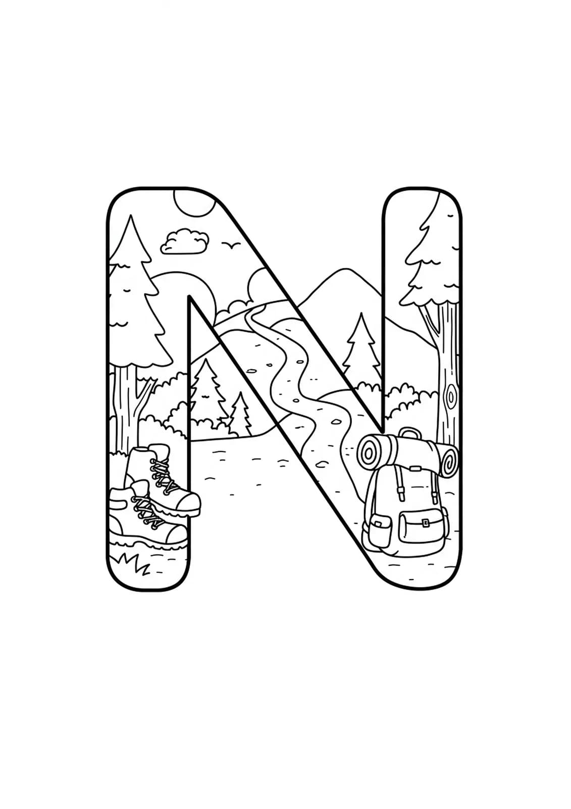 Easy outline of letter N with hiking boots, backpack, and trees in a simple nature scene.