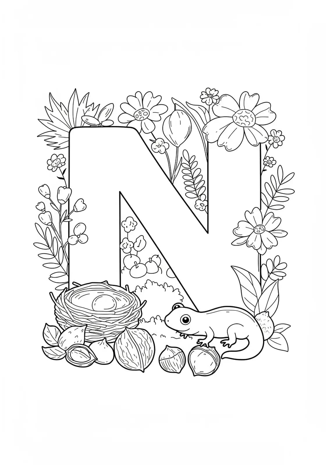 Large letter N decorated with nests, newts, nuts, and flowers, medium detail, for preschool coloring.