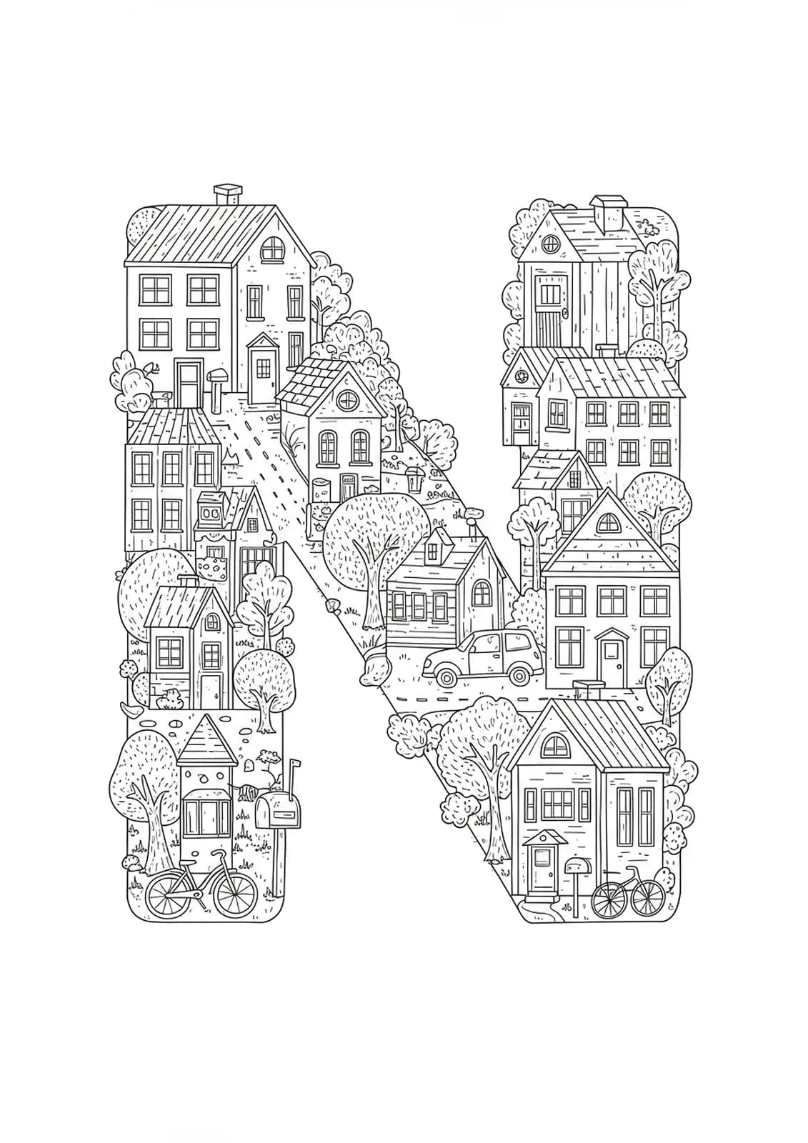 Intricate letter N with detailed houses, street, trees, bikes, and community features for coloring