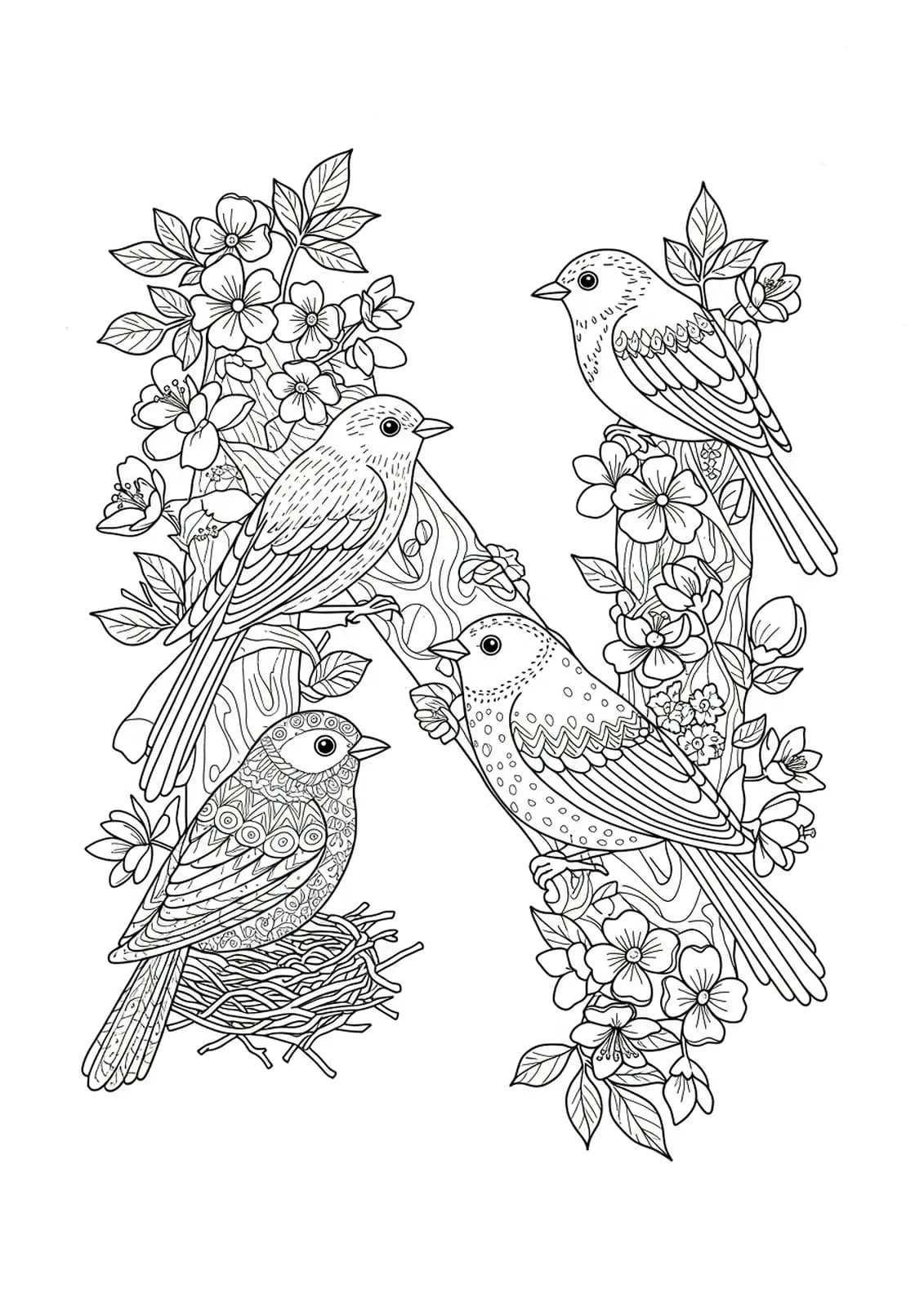Coloring page of letter N with detailed nesting birds, twigs, and flowers in springtime.