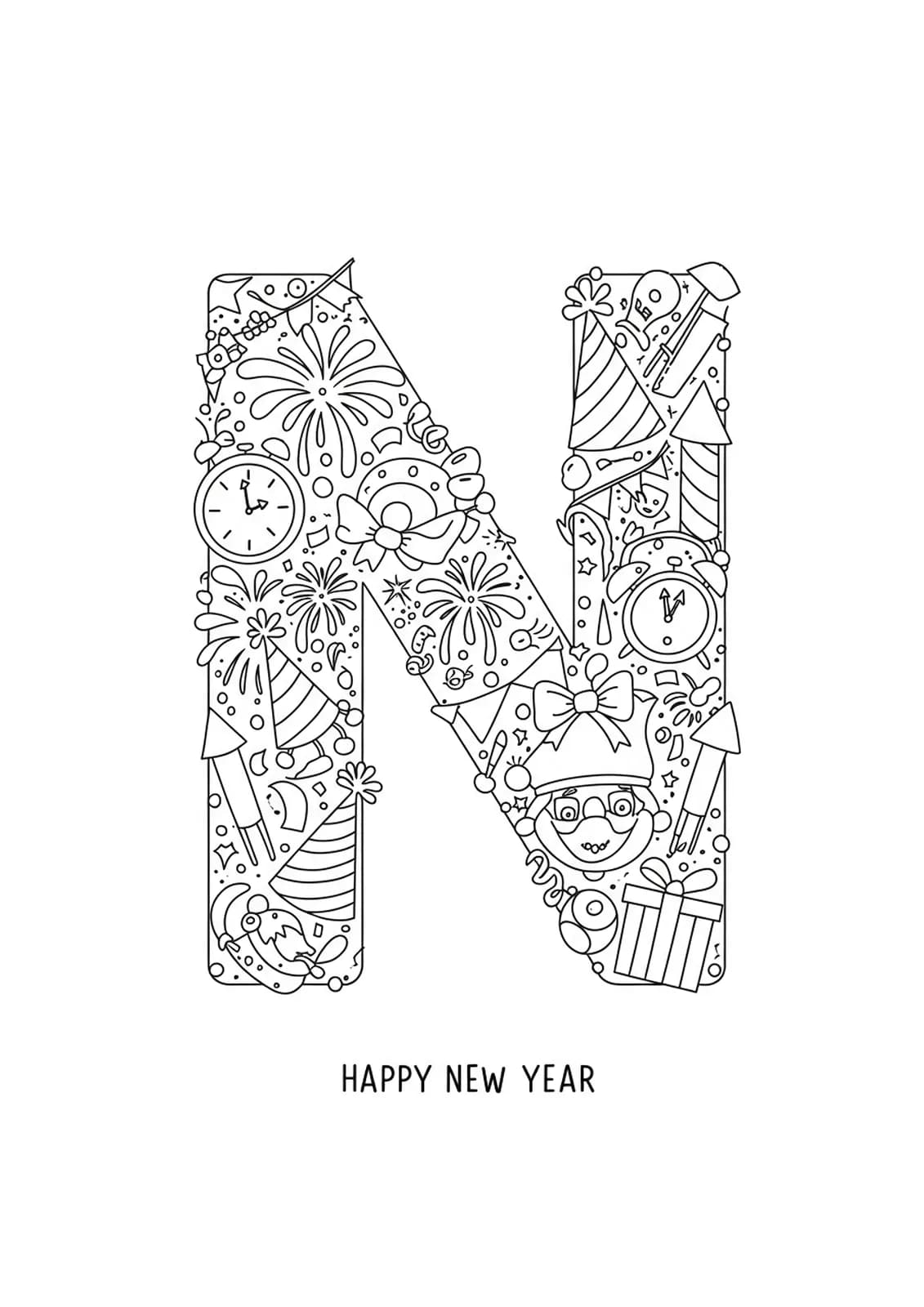 Letter N surrounded by New Year's elements like fireworks, party hats, and confetti.