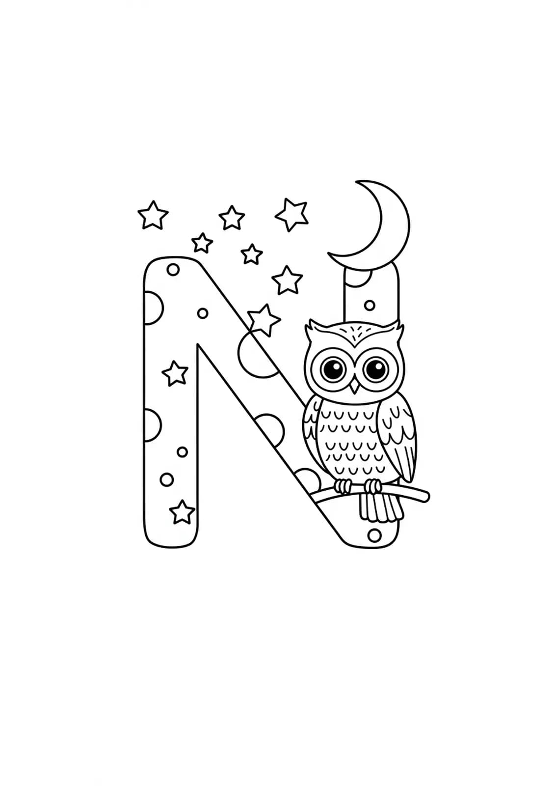 Letter N with a simple owl, crescent moon, and stars in a night scene.