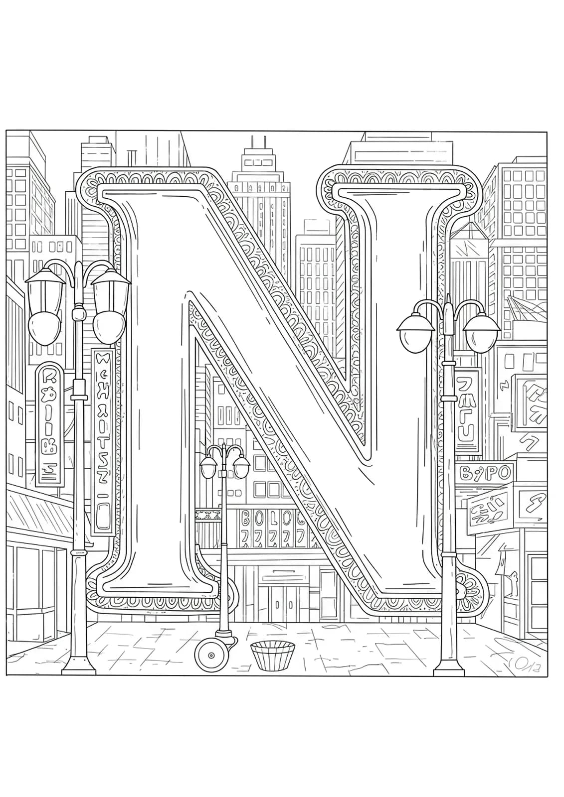Letter N outlined by city buildings, neon signs, and street lamps in detailed urban line art.