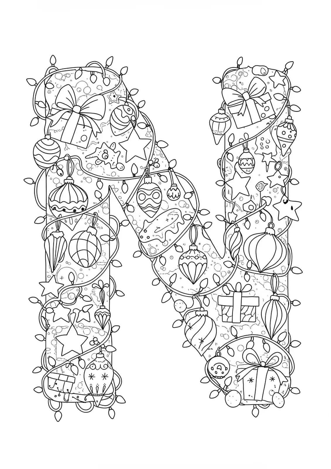 Detailed coloring page with letter N decorated by holiday lights, ornaments, and stars, all with intricate patterns.