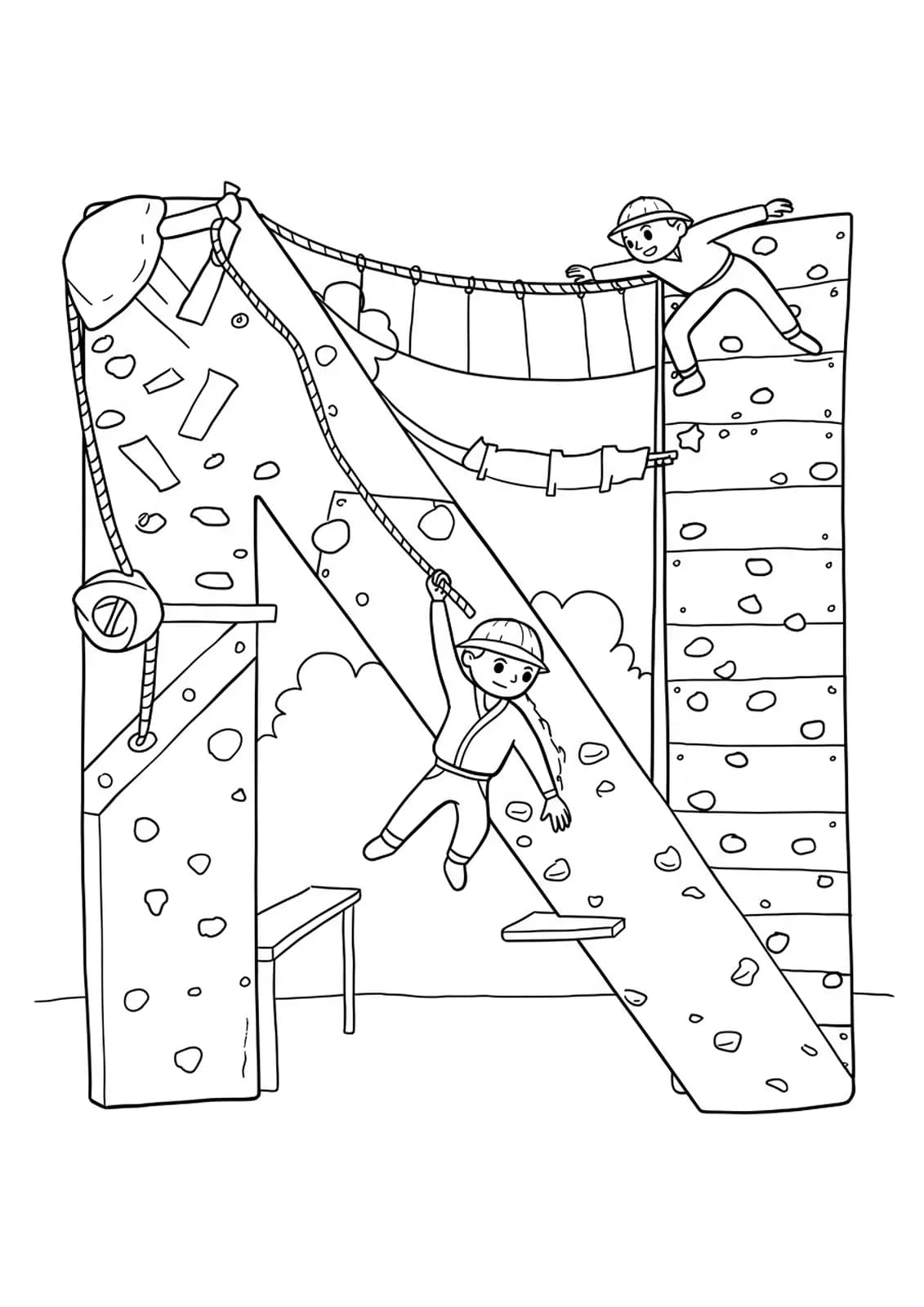 Intricate letter N with ninja obstacle course equipment such as ropes, walls, and platforms for coloring