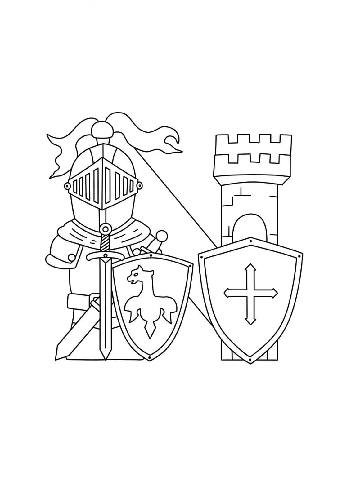 Letter N with a knight’s helmet, sword, shield, and a simple castle turret outline.