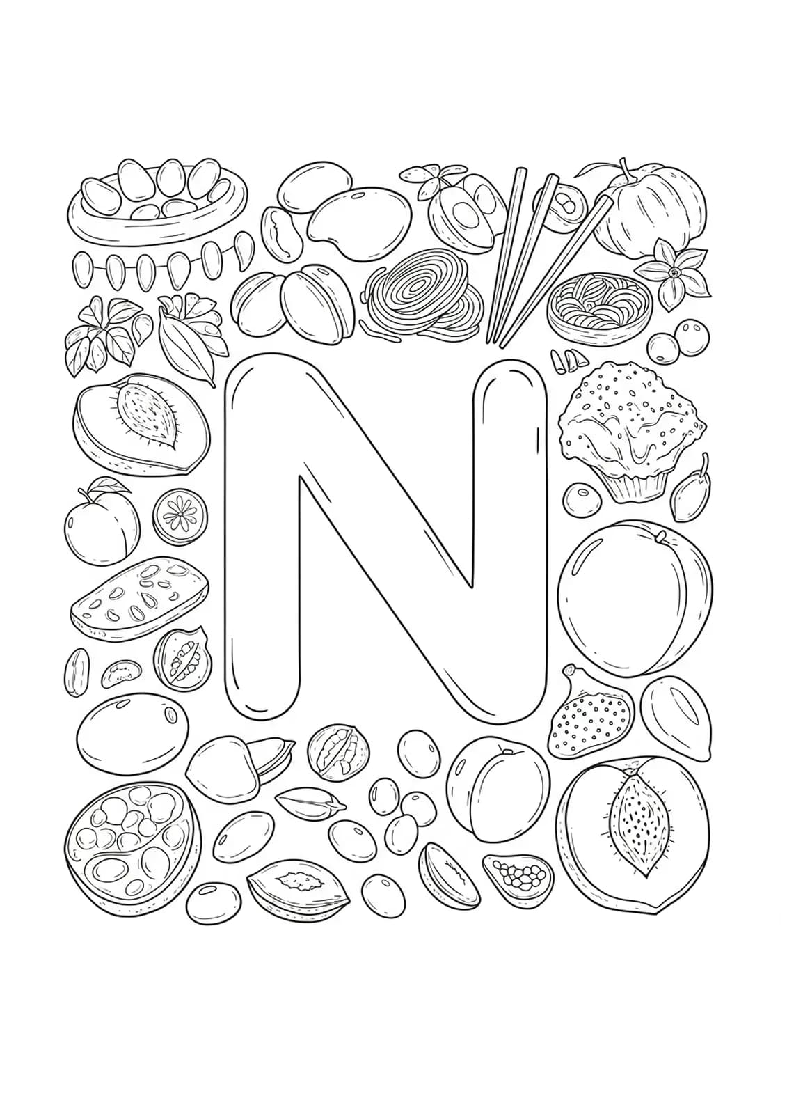Intricate coloring page with letter N surrounded by patterned nuts, noodles, nectarines and healthy food.
