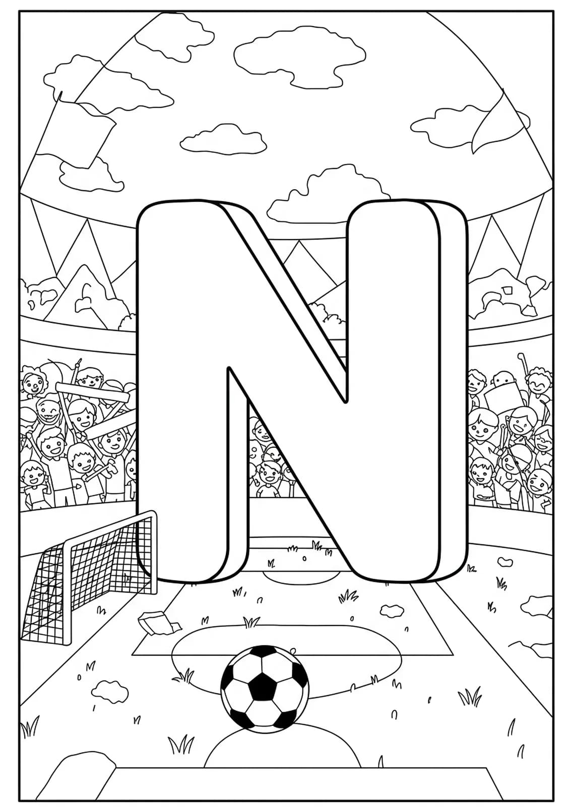 Large letter N with a soccer ball, goal post, and cheering fans, medium detail for preschool coloring.