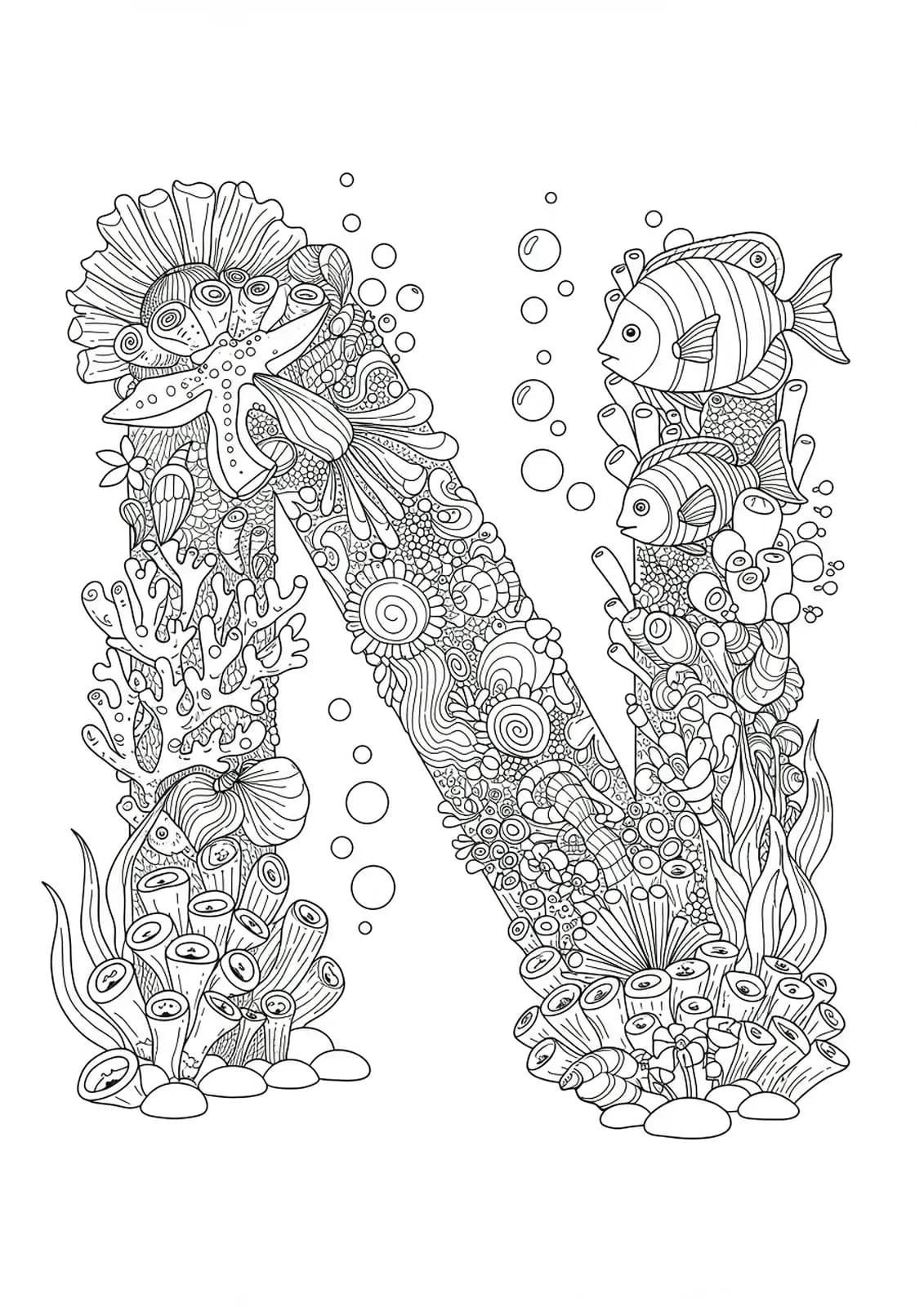 Complex letter N surrounded by detailed underwater sea life, corals, and ocean patterns for coloring