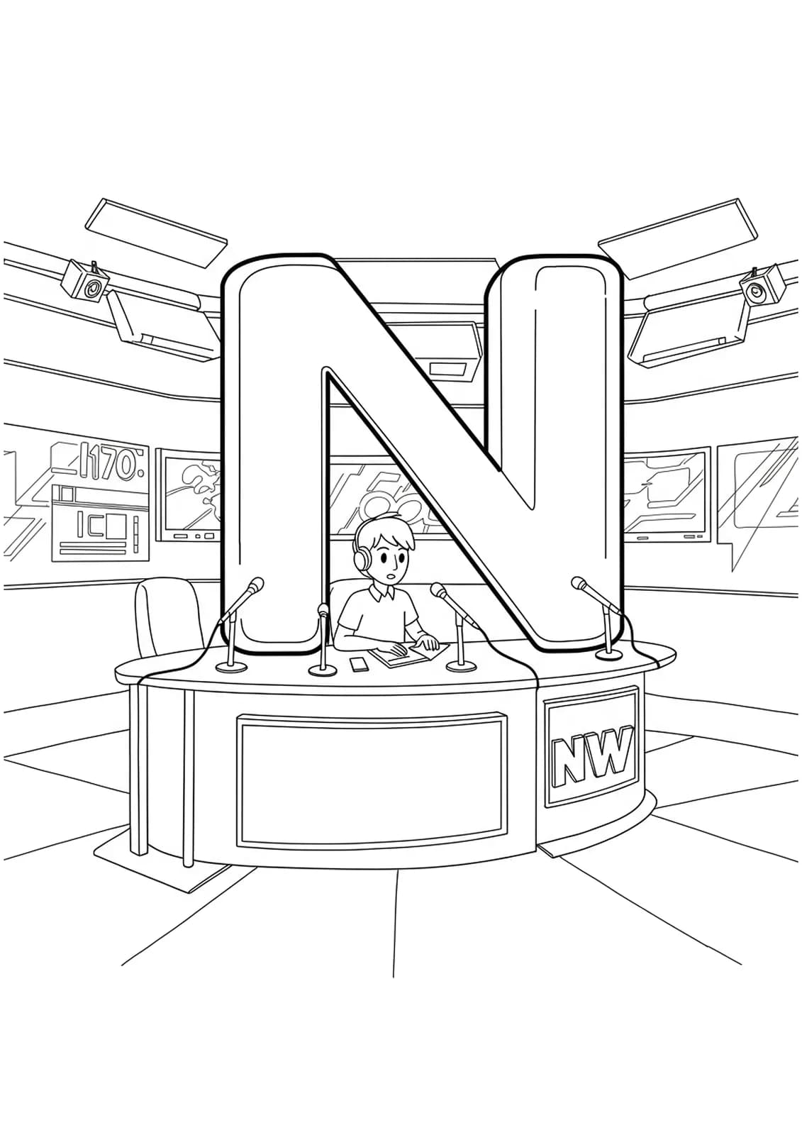 Letter N set within a manga newscaster studio, screens, microphones, and stylized equipment.
