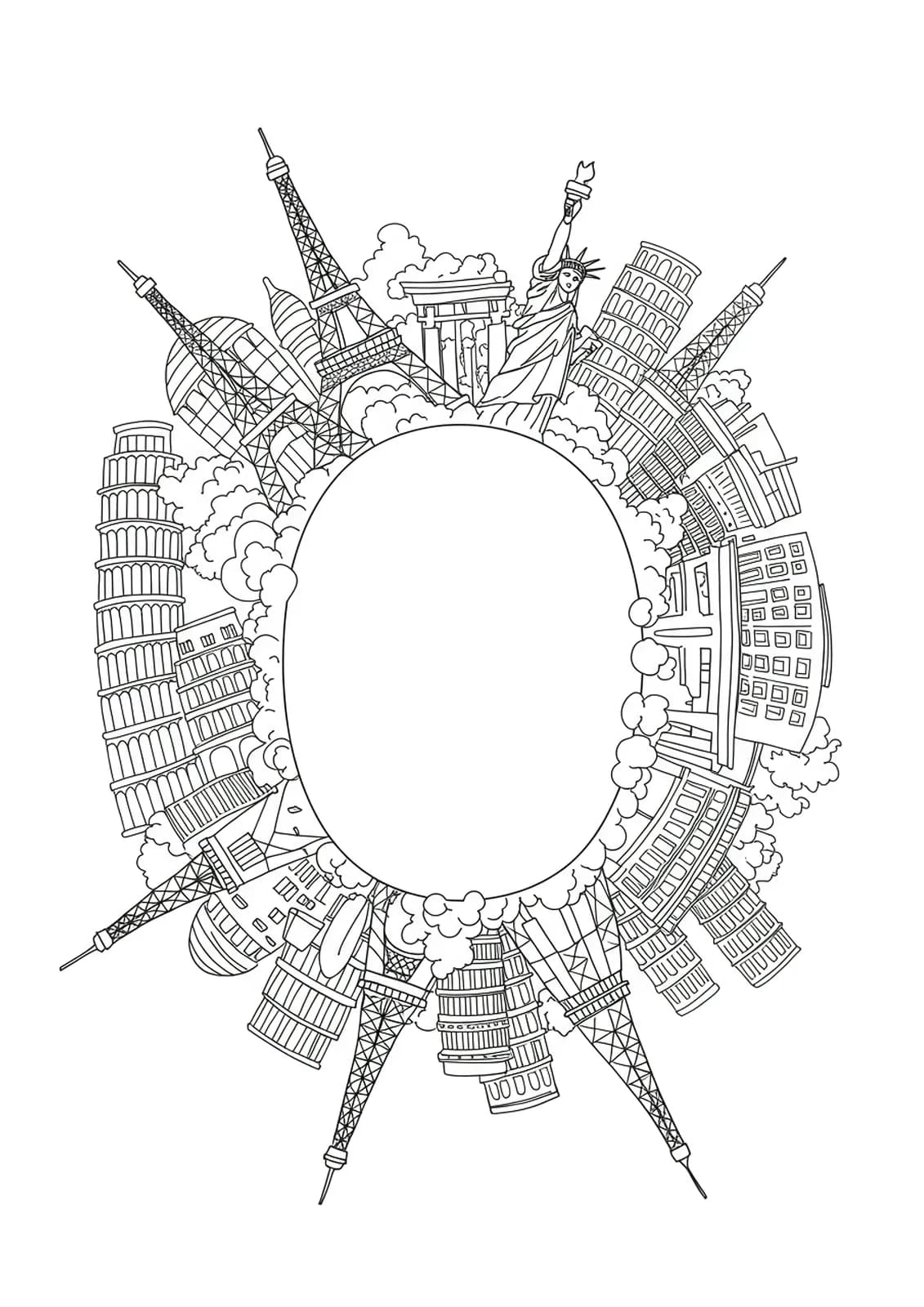 Letter O with simple outlines of famous landmarks for easy coloring by teens.