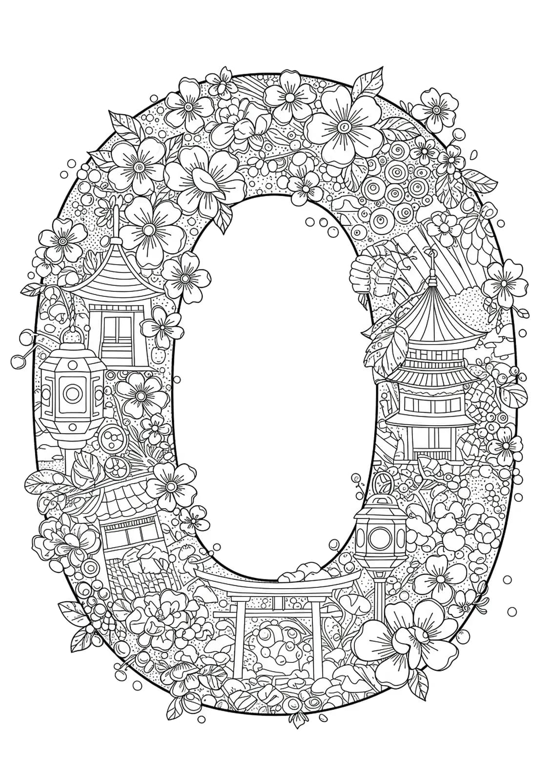 Letter O with intricate cherry blossoms, lanterns, and Japanese garden elements for teen coloring.