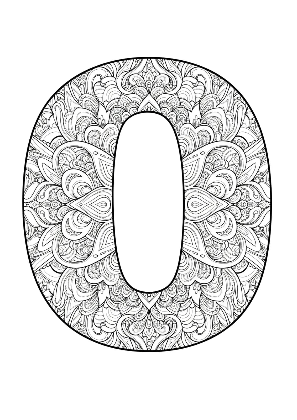 Intricate mandala designs forming the letter O for a hard teen coloring page.