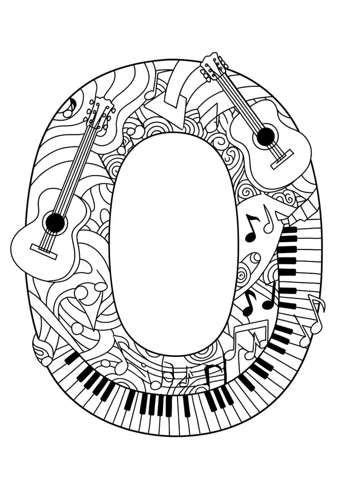 Easy coloring page of the letter O with musical instruments like guitar and piano around it.