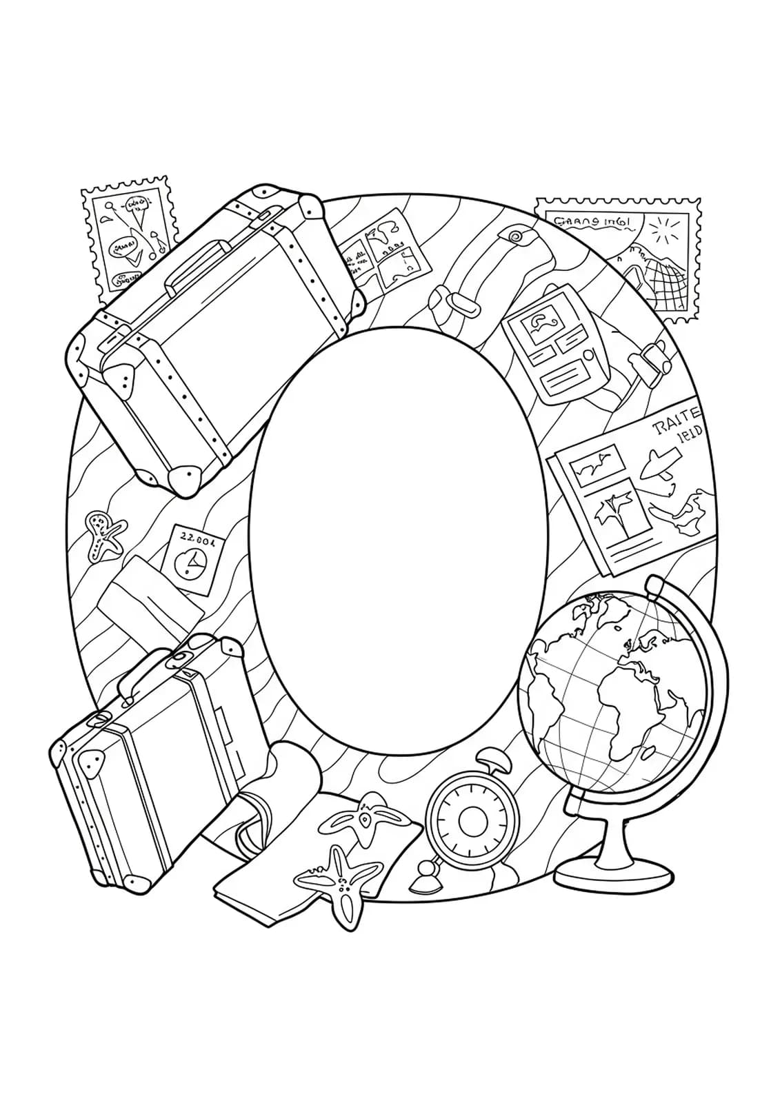 Simple vintage travel themed letter O coloring page with suitcases, globe and stamps.