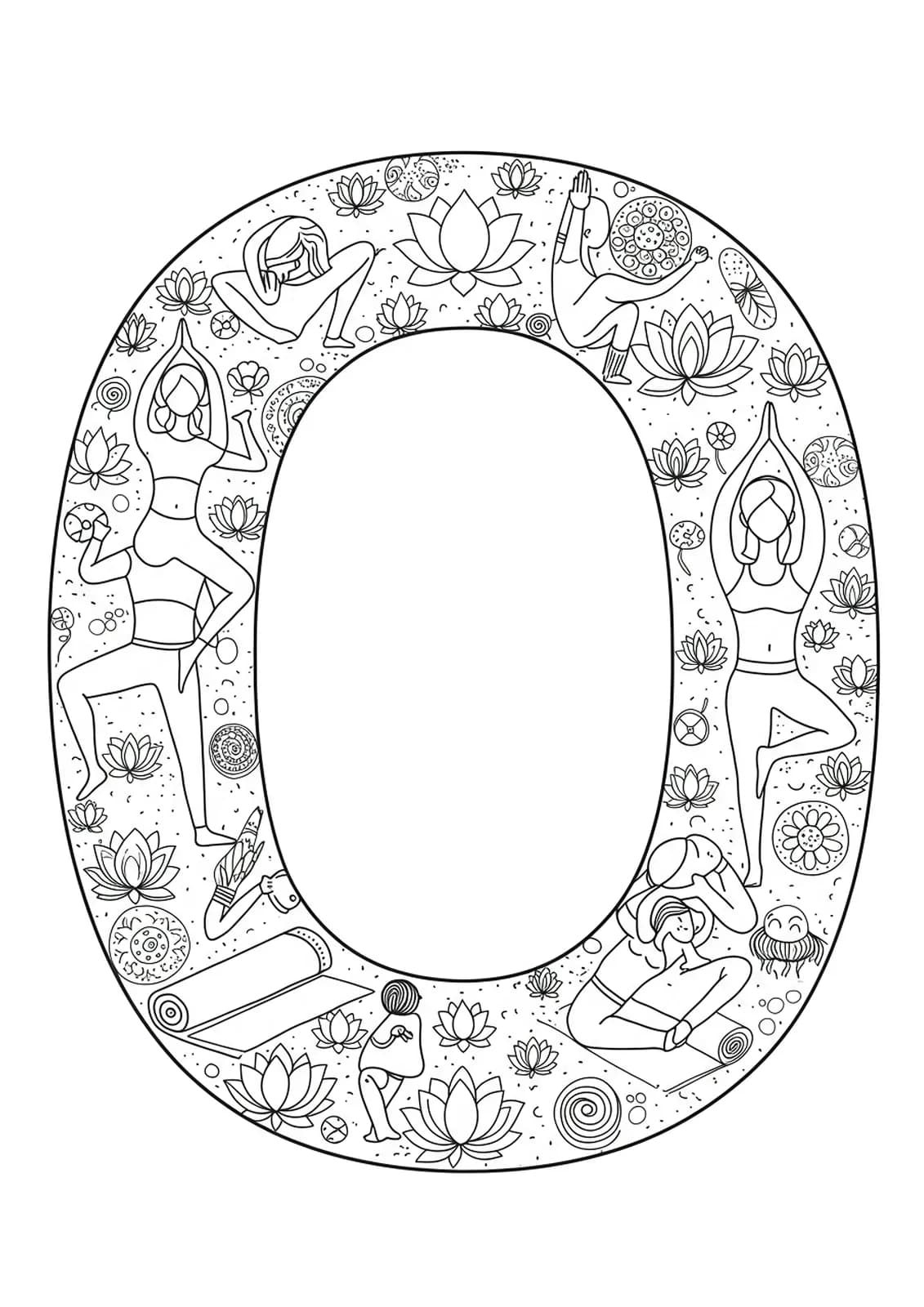 Yoga meditation themed letter O coloring page with simple yoga poses and lotus flowers.