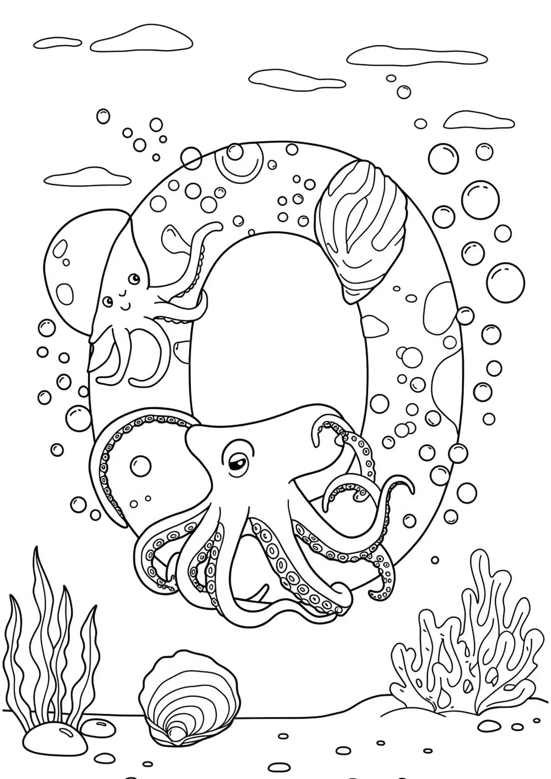 A large letter O with sea creatures like octopus, oysters, bubbles, and seaweed around it, designed as a preschool coloring page.