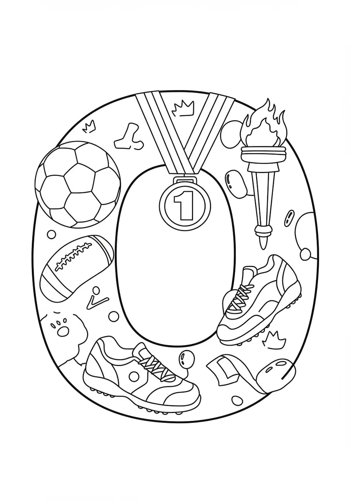 A letter O with sports items like a soccer ball, medal, torch, and running shoes, sports-themed preschool coloring page.