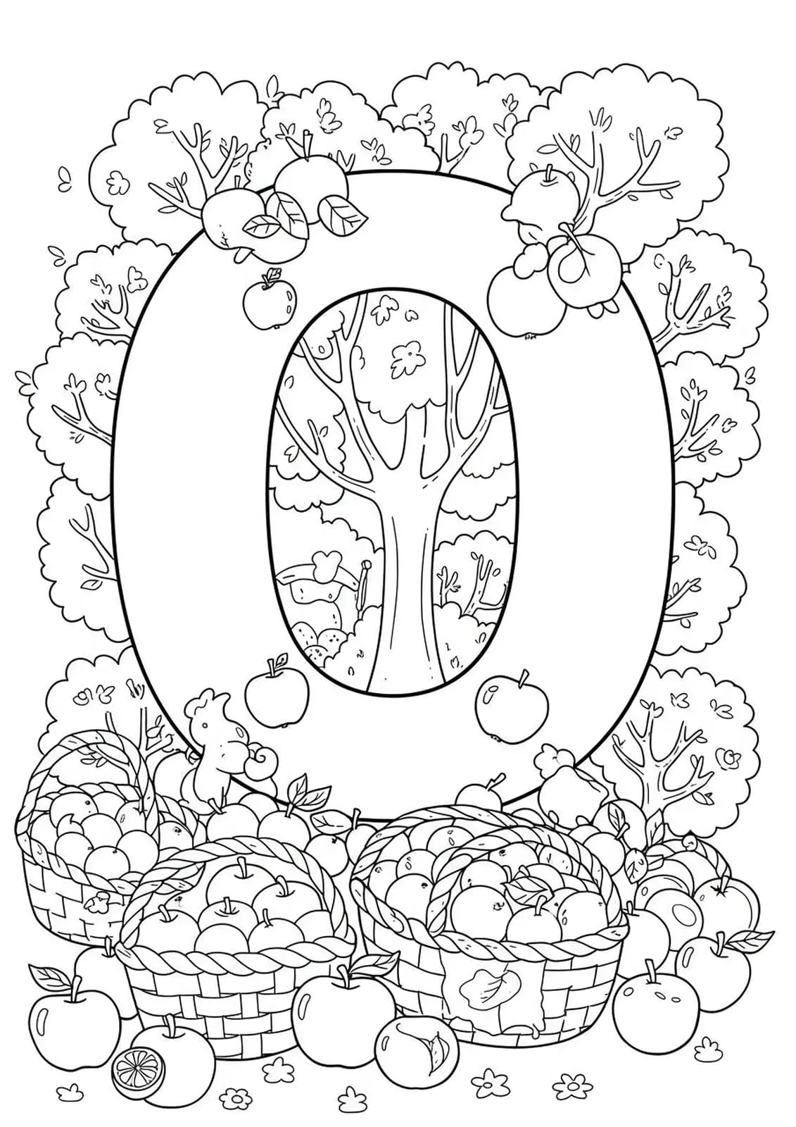 A letter O with apples, oranges, baskets, and orchard trees, medium-complexity nature-themed preschool coloring page.