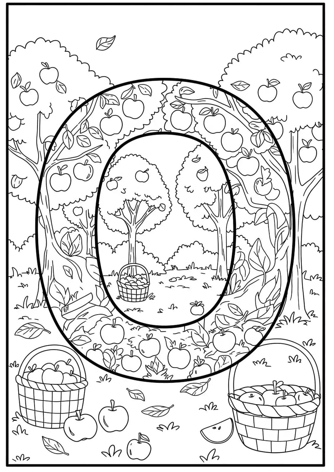 Letter O in the center of an apple orchard with apple trees and falling leaves, medium detail for elementary age coloring