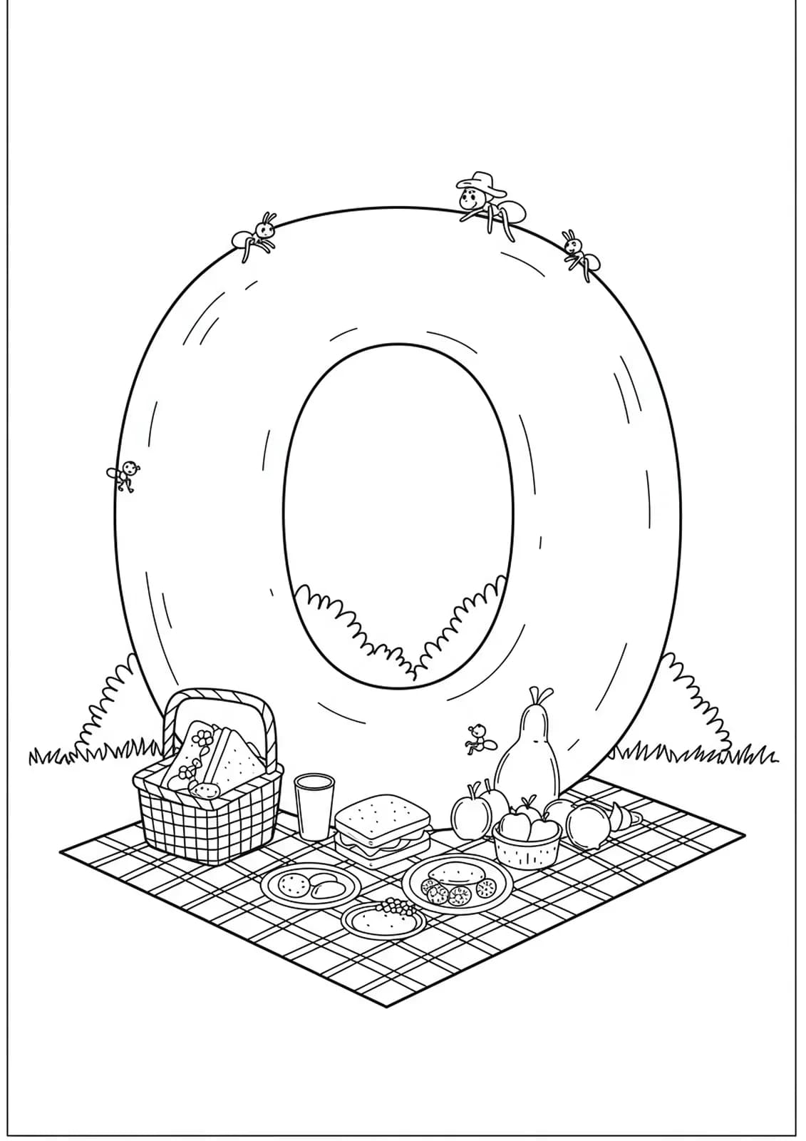 A letter O with a picnic scene, basket, food, fruit, and ants, picnic-themed preschool coloring page.