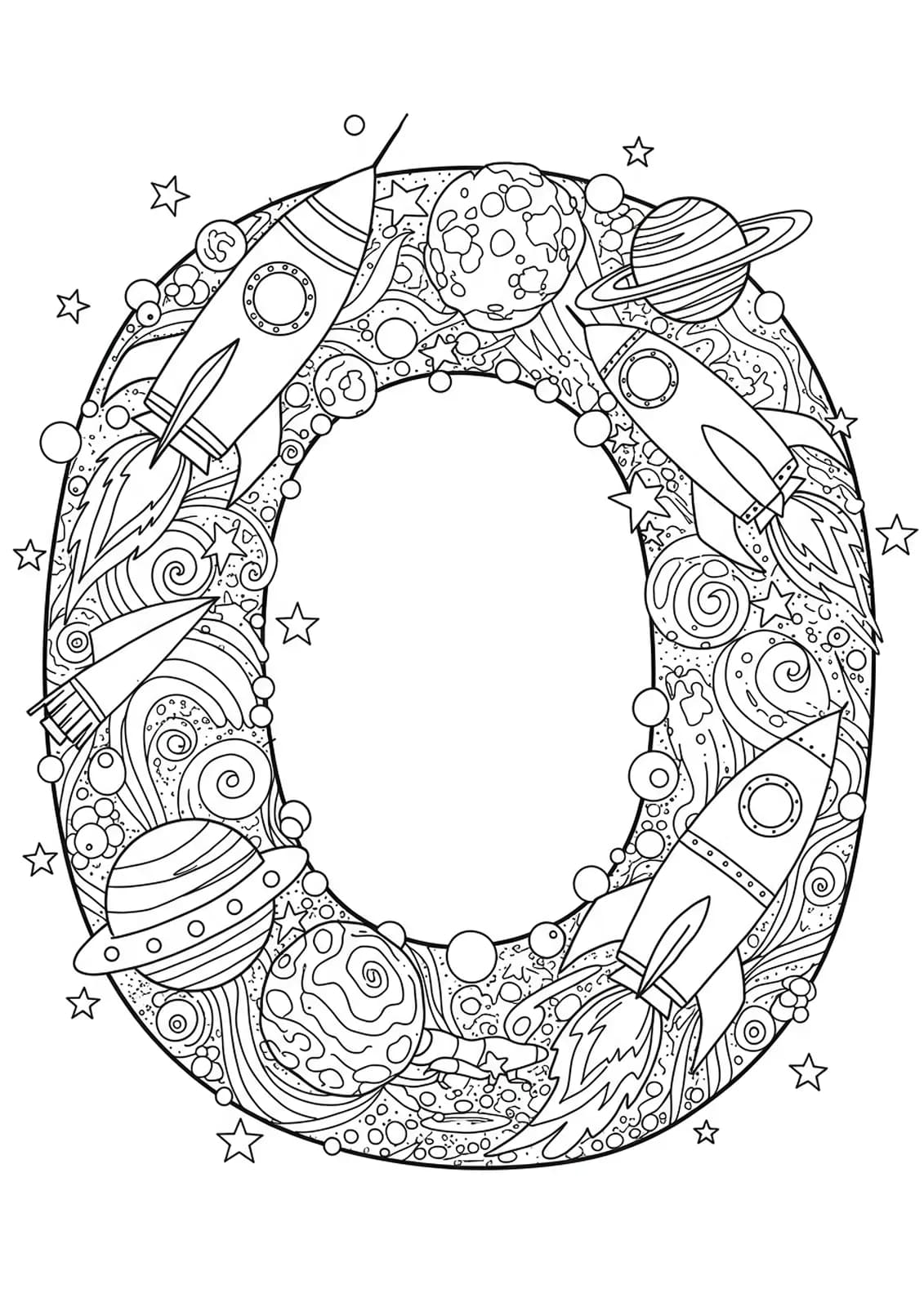 Detailed letter O with rockets, planets, and stars for preschool space-themed coloring.