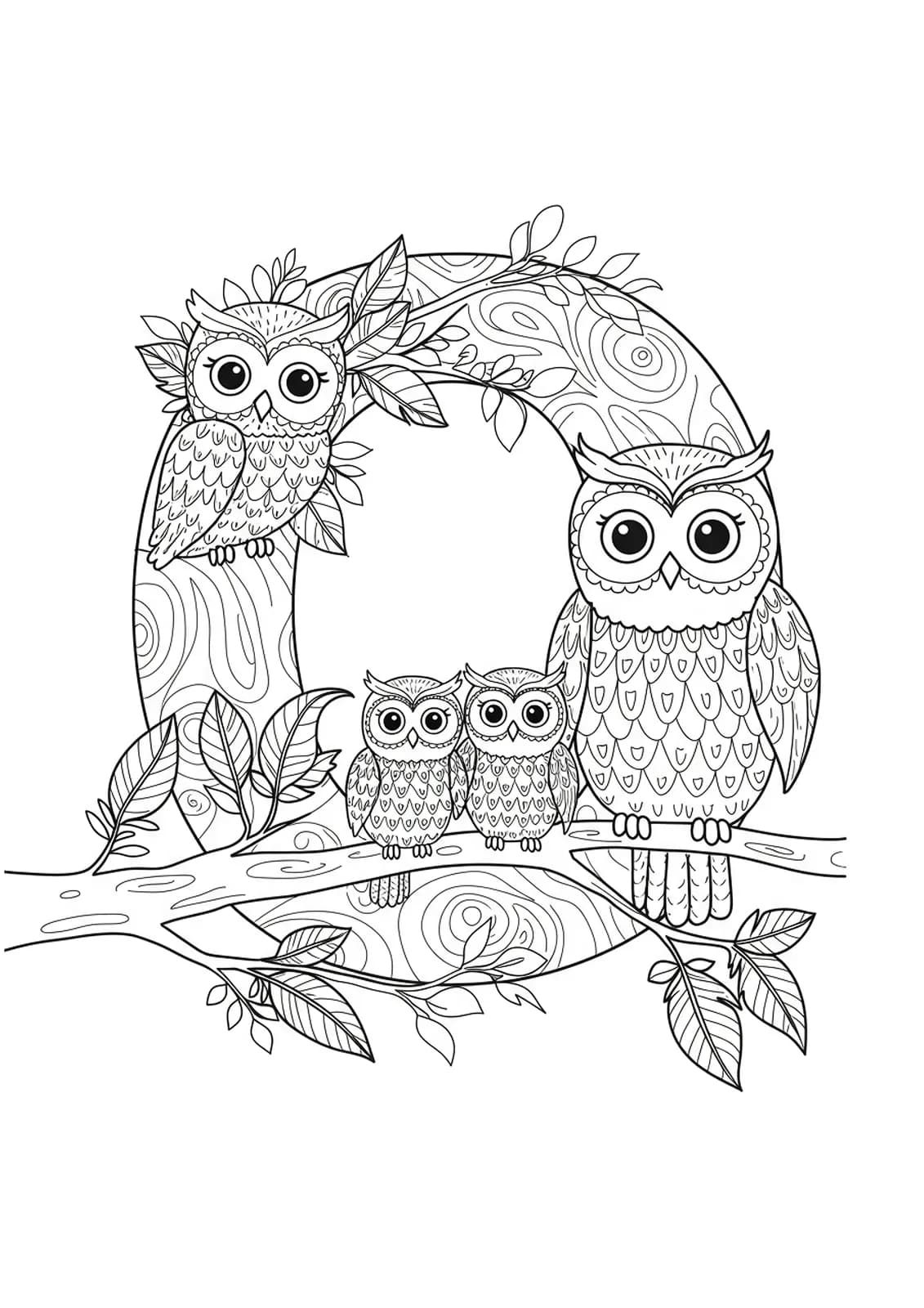 Large letter O on a tree branch with an owl family around it, surrounded by leaves, moderate detail for elementary coloring