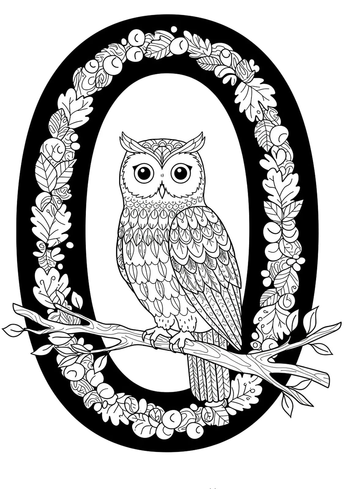 Intricate letter O with a detailed owl, tree branches, and leaves for preschool coloring.