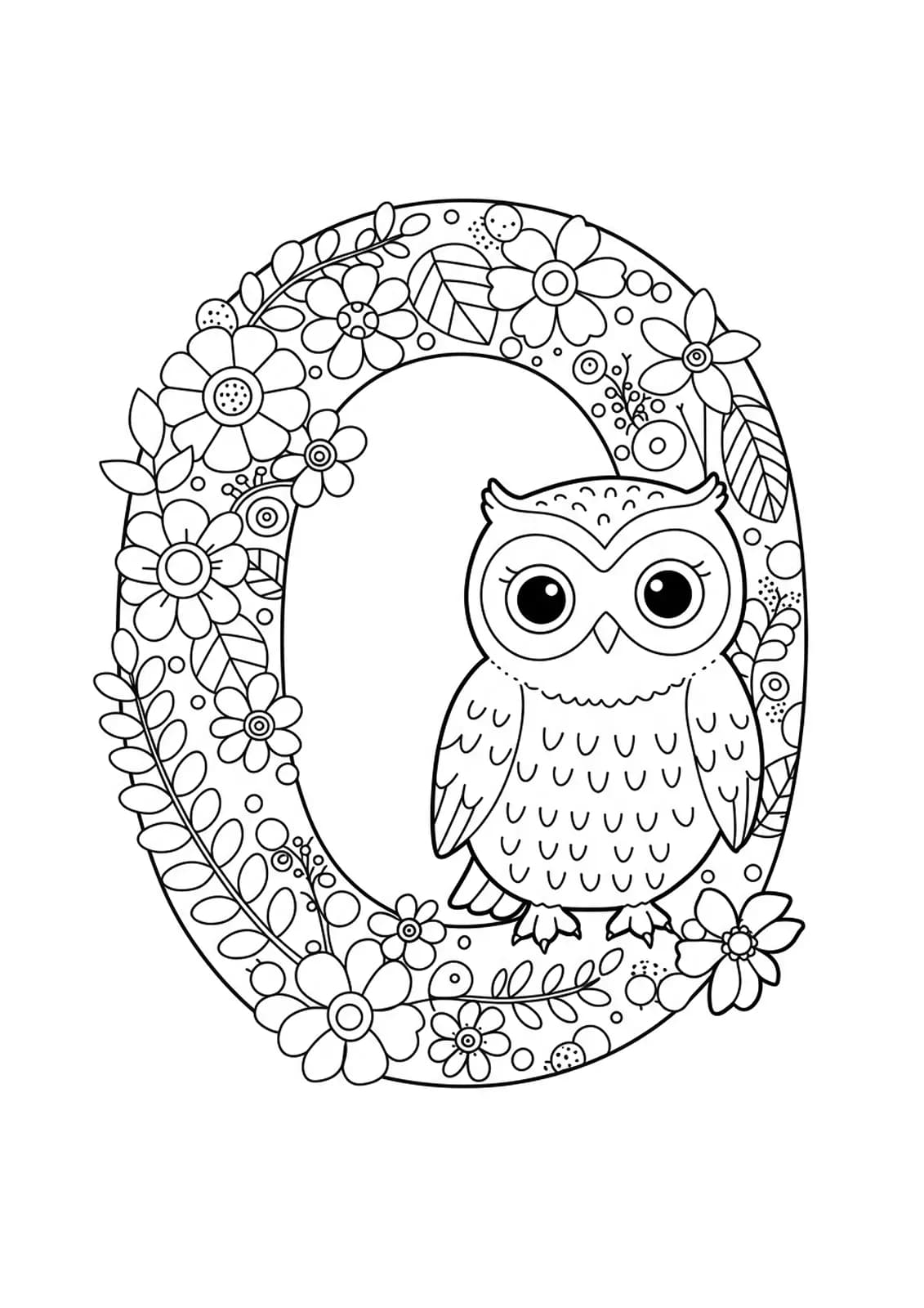 A letter O with a cute owlet, flowers, and leaves, animal and nature-themed preschool coloring page.