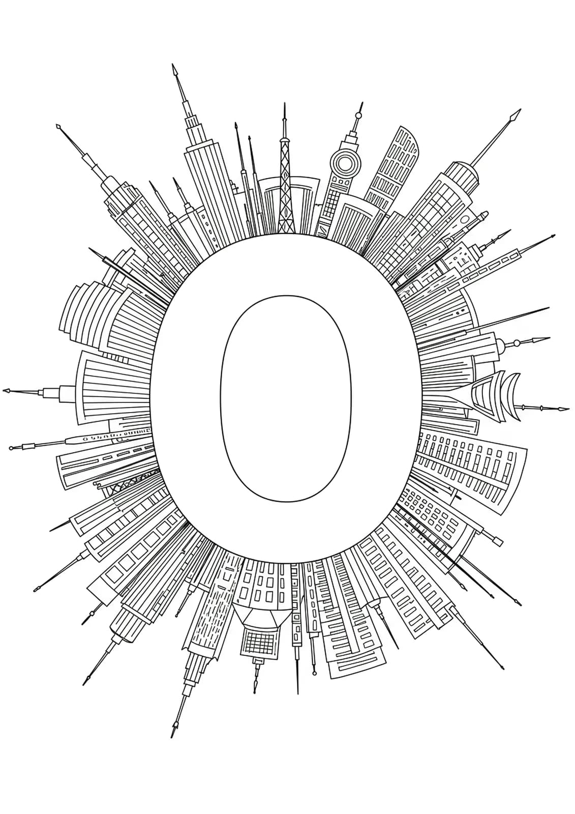 Letter O surrounded by medium complexity architectural landmarks and modern buildings.