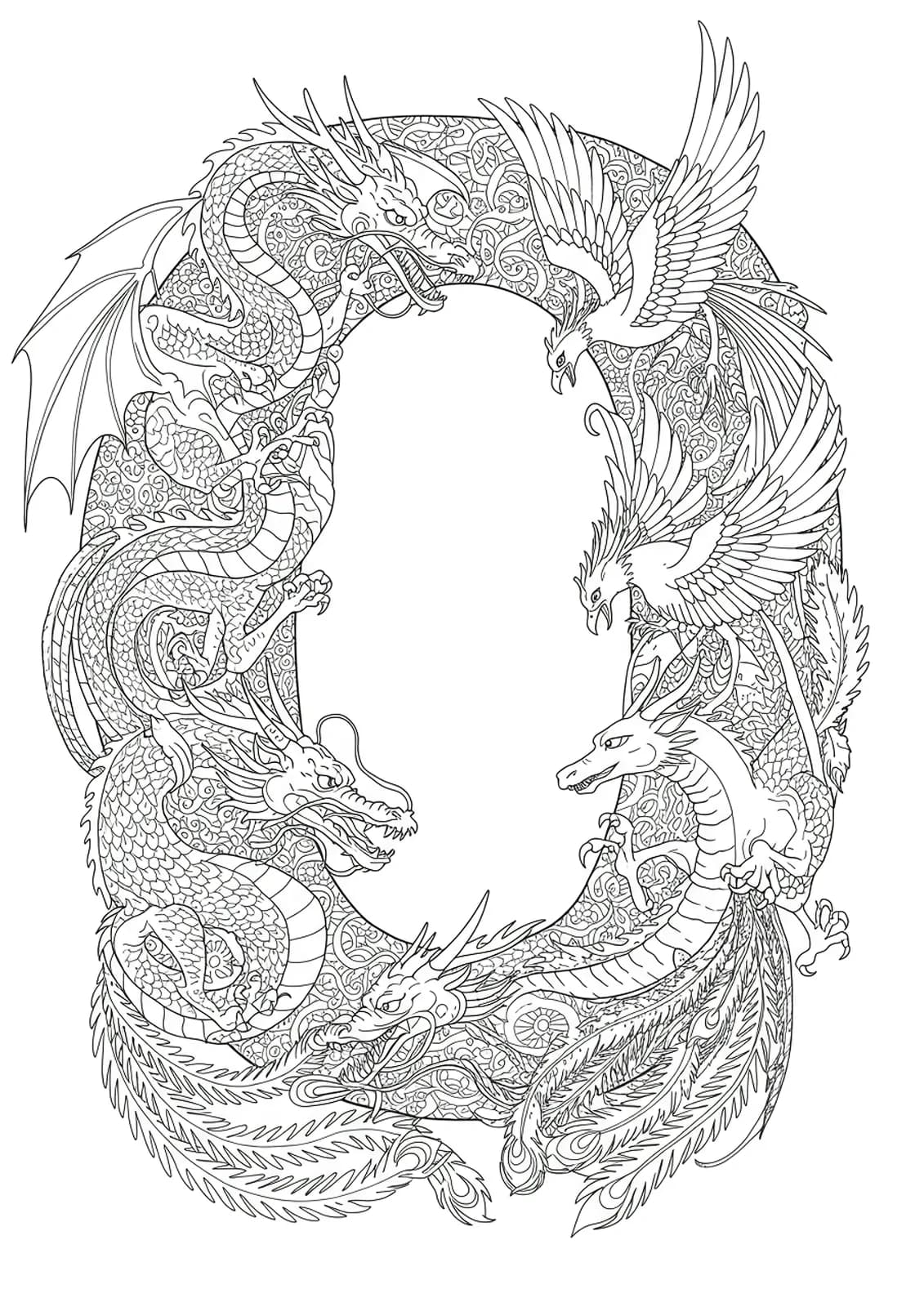 Letter O encircled by medium complexity mythical creatures like dragons and phoenixes.
