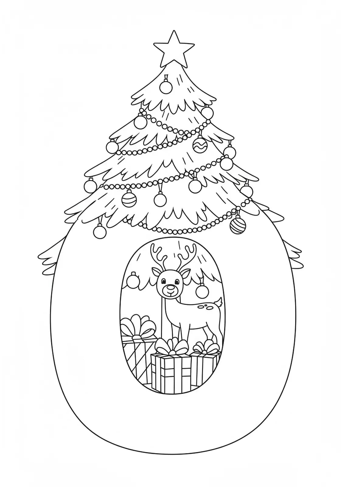 A large letter O under a Christmas tree with ornaments, gifts, and a reindeer, Christmas preschool coloring page.