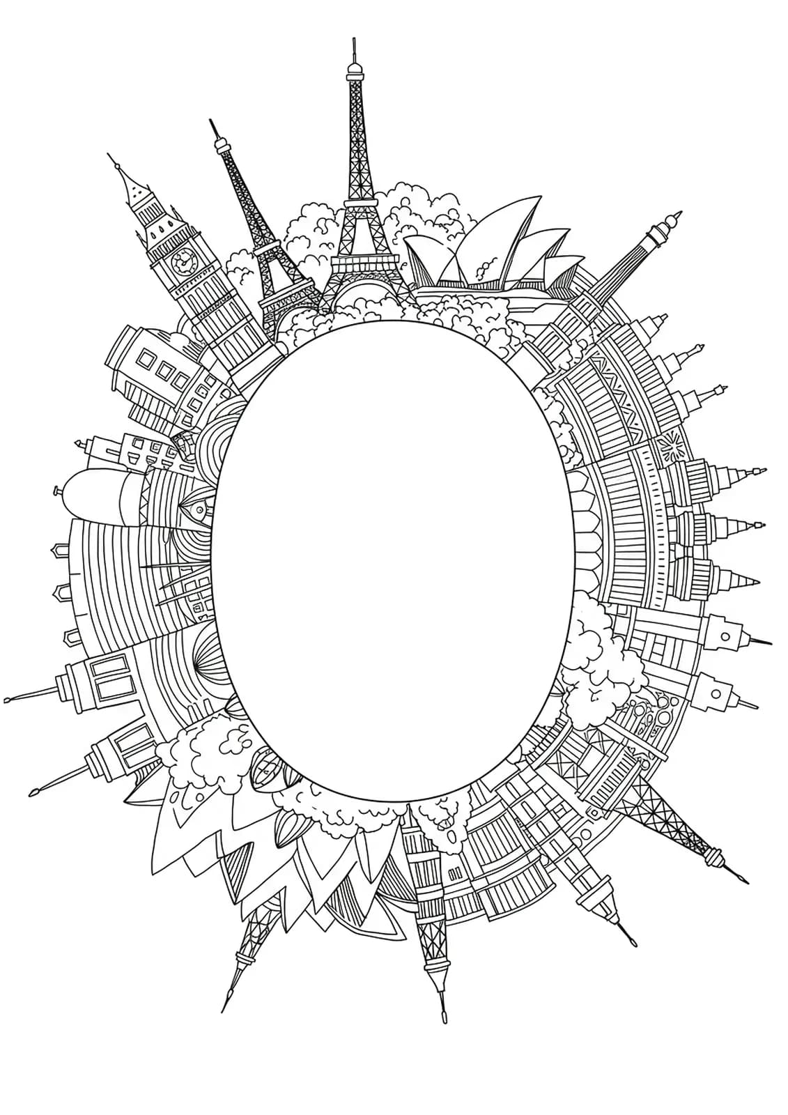 Letter O surrounded by famous landmarks like Eiffel Tower and Statue of Liberty, black and white, medium detail.