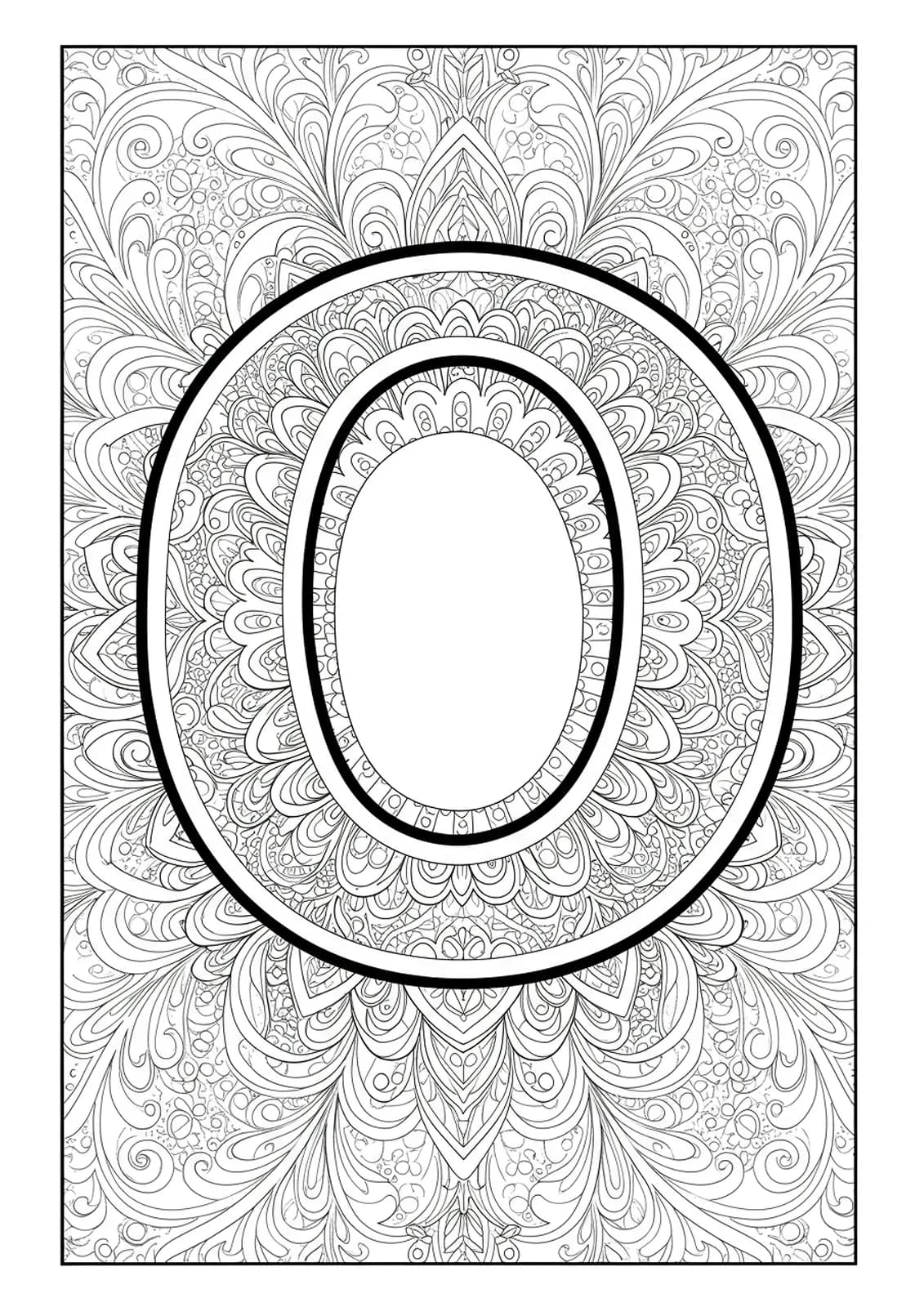 The letter O surrounded by mandala ornaments in black and white line art, medium detail for adult coloring.