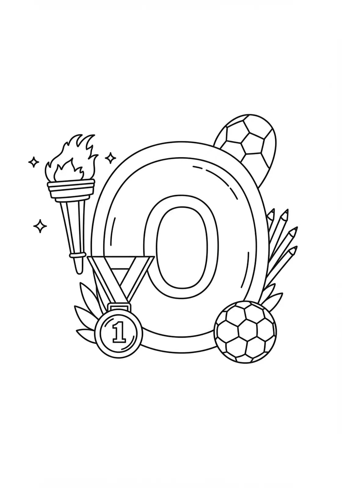 Coloring page of the letter O with simple drawings of a medal, torch, and soccer ball.