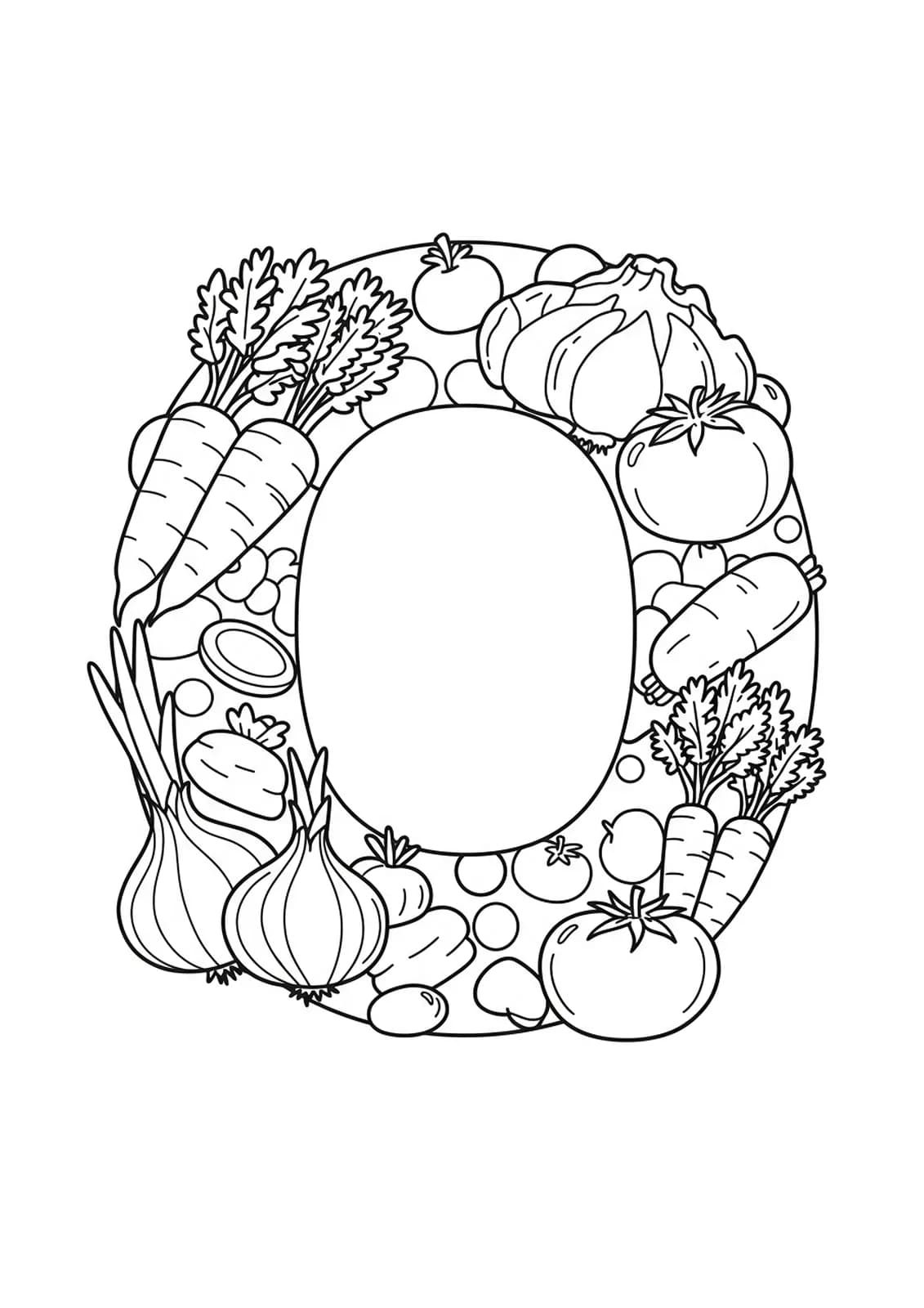 Coloring page of the letter O surrounded by easy drawings of onions, carrots, and a tomato.