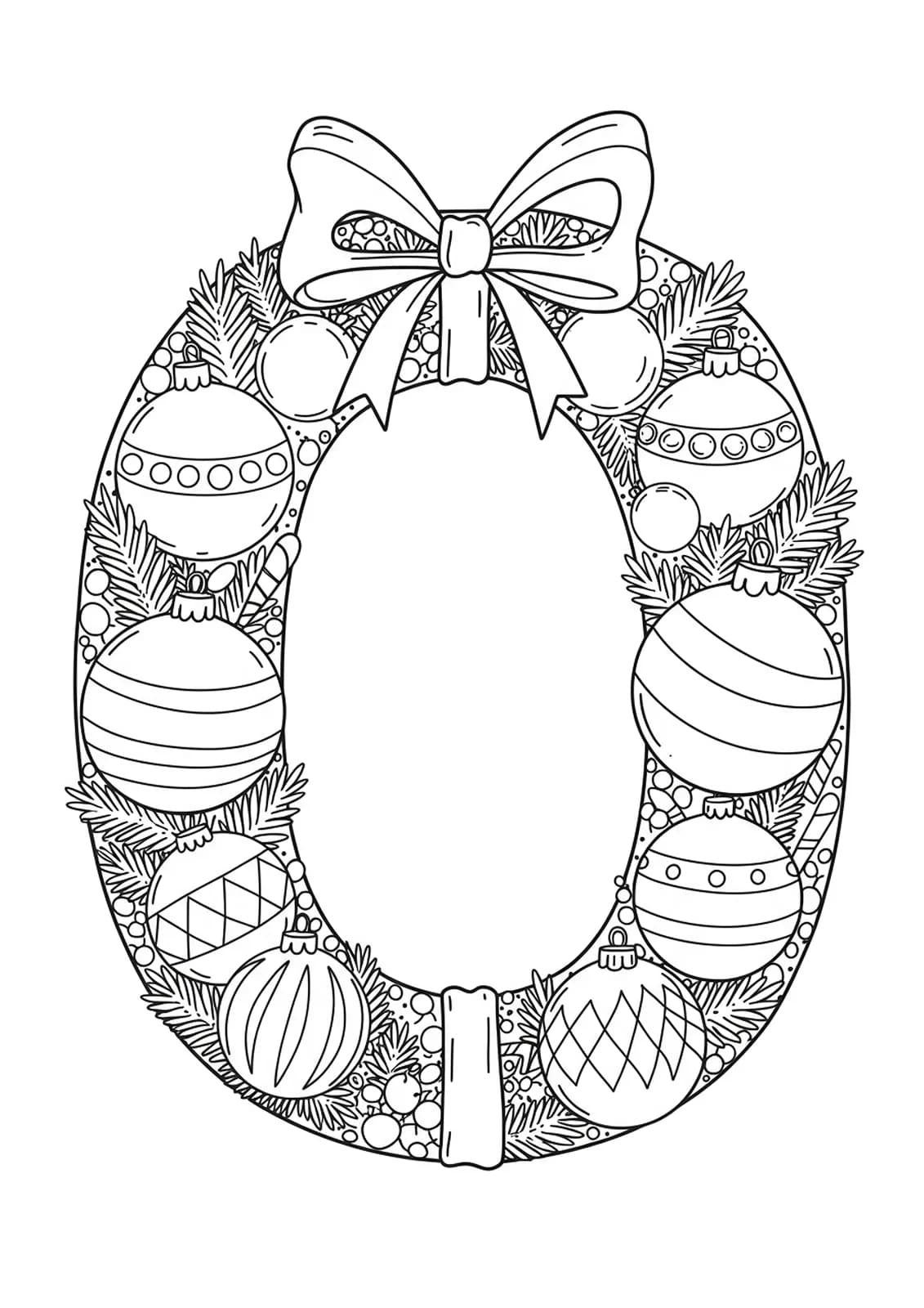 Easy coloring page of the letter O decorated with Christmas ornaments and a bow.
