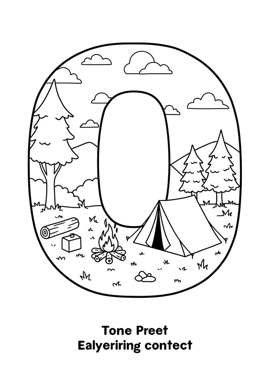 Coloring page of the letter O with a tent, campfire, and trees for a camping scene.