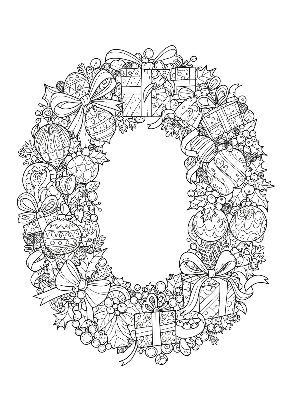 Detailed Letter O coloring page with Christmas ornaments, holly, ribbons, and snowflakes.