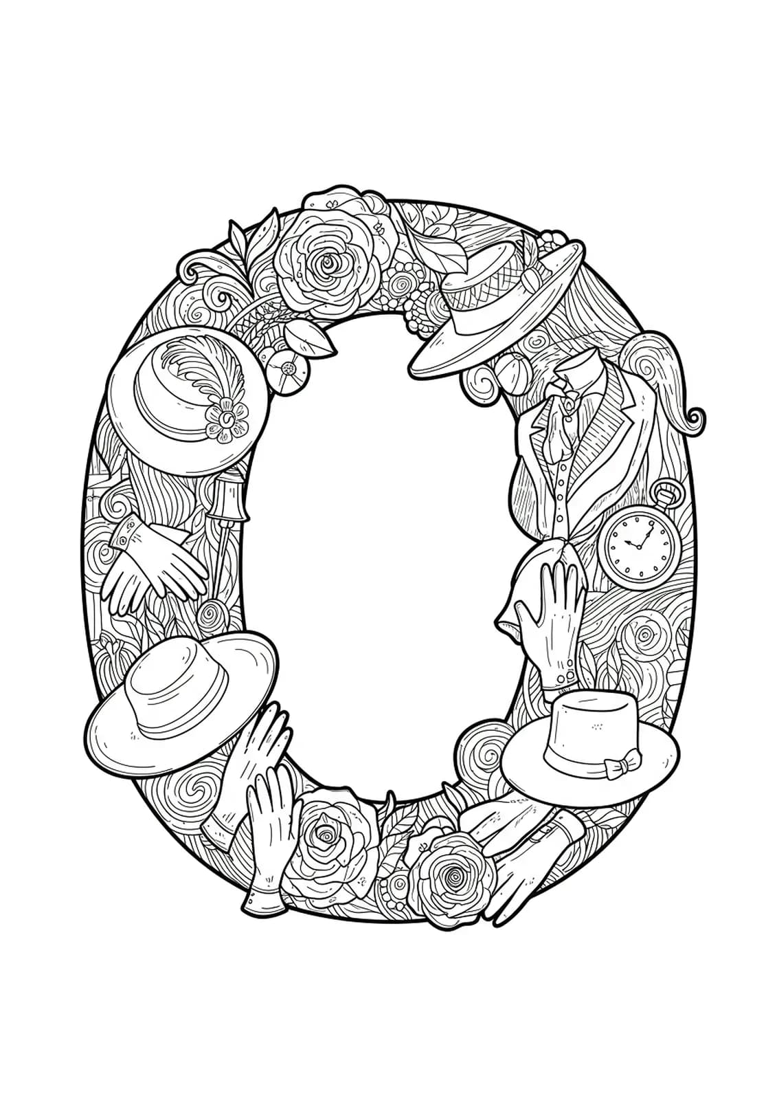 The letter O with vintage fashion items like hats, gloves, and pocket watches, black and white, medium detail.
