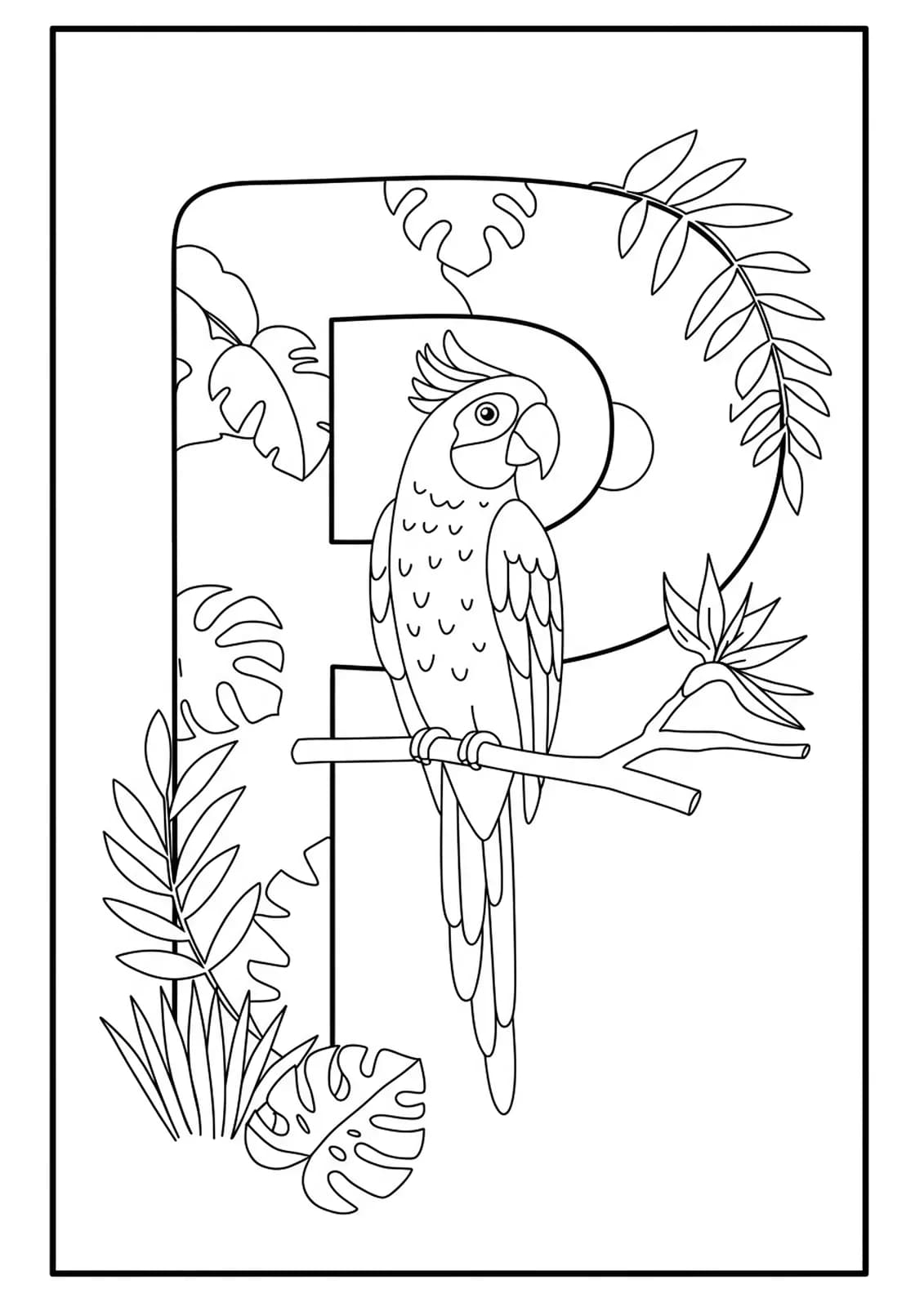 A large letter P with a cartoon parrot on a branch and jungle leaves, outlined simply.