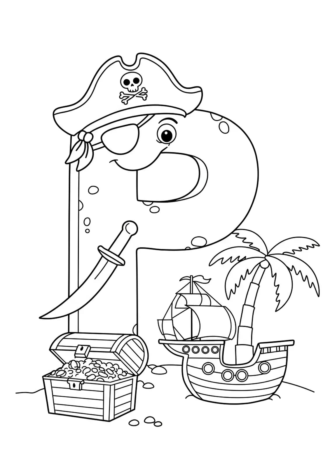 Line art of the letter P as a pirate with hat and patch, treasure chest, ship, and palm tree.