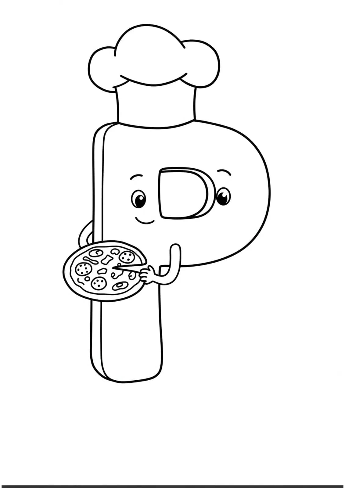 Line art of the letter P making a pizza with toppings and chef's hat.