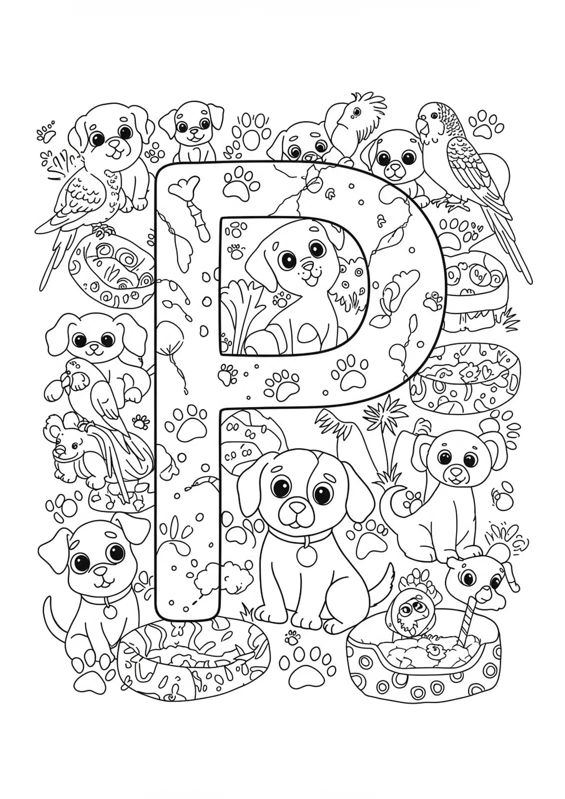 Letter P with puppies, parakeets, pet beds, and paw prints in intricate patterns.